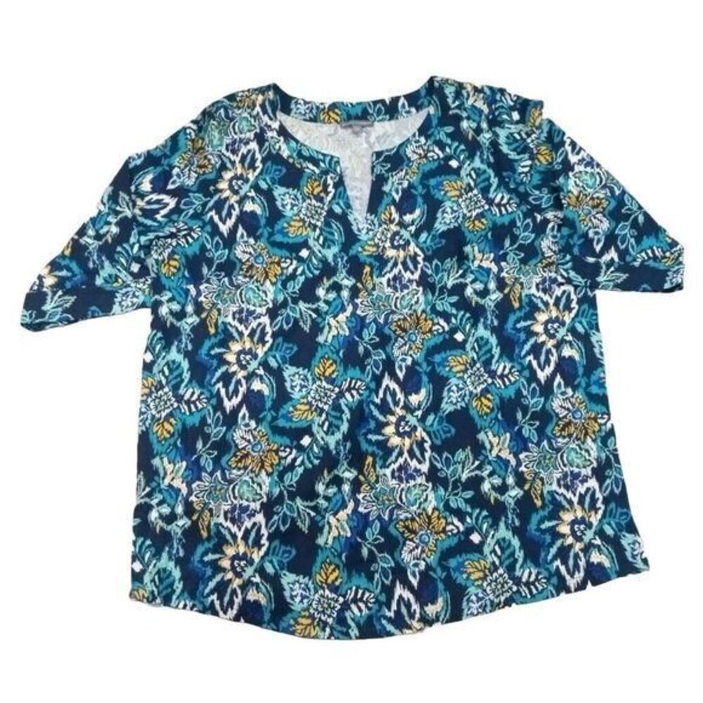 Jessica London Size 24 W Rayon & Linen Blue/Yellow Women's Short Sleeve Top
